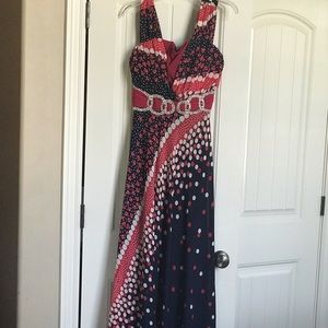 Long Red and Blue Rhinestone Maxi Dress